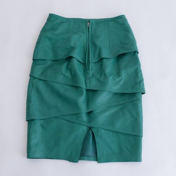 Vintage Danier Emerald Green 100% Leather Tiered Ruffle Midi Pencil Skirt  10 - Picture 7 of 8